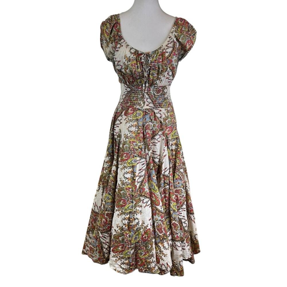 Grace Paisley Cotton Bohemian Peasant Dress Smocked Waist Size Medium